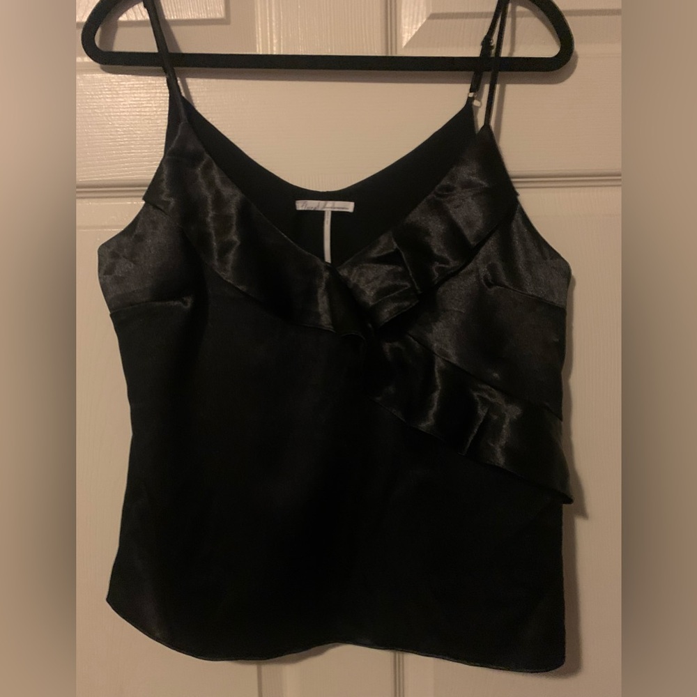 Anthropologie Woman Black Satin Ruffle Top. Large NWOT